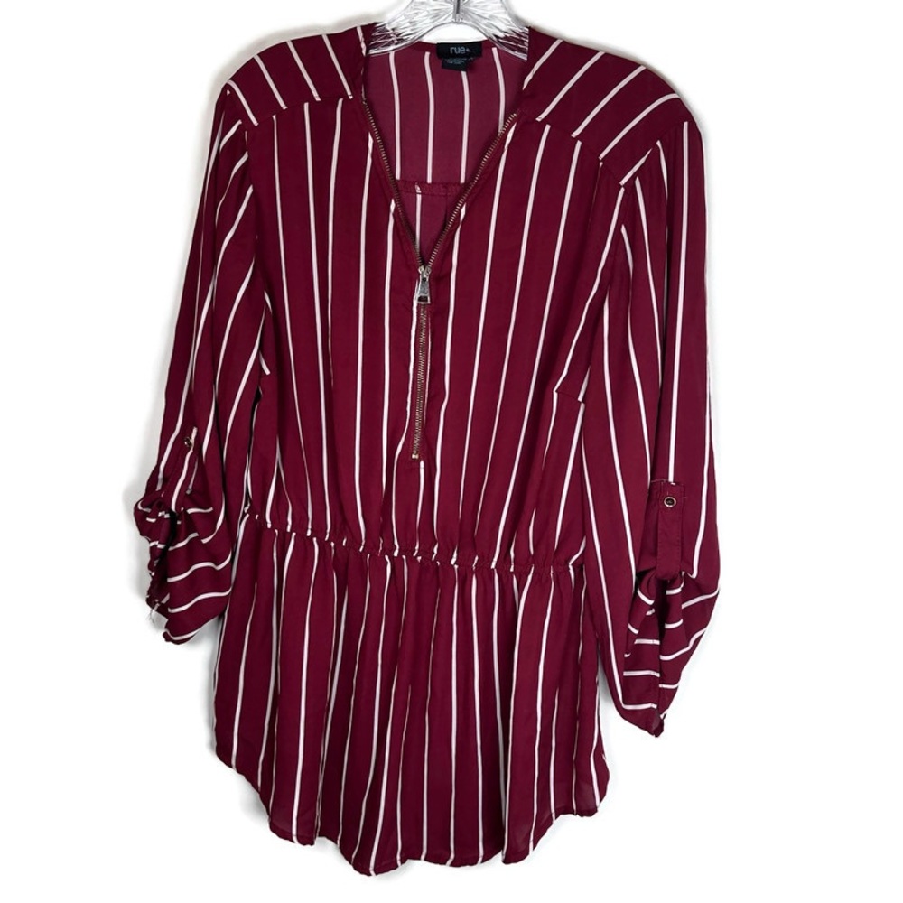 Rue21+ 1X Burgundy Striped Zip Tunic Top Dark Academia Preppy Office Roll Tab